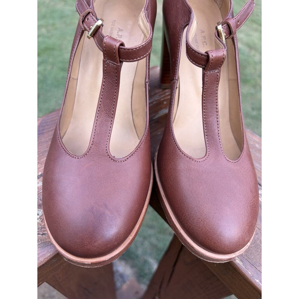 A.P.C Brown Leather T Strap Mary Jane Block Heels Parisian Chic EU 39 US 9 - Picture 3 of 8